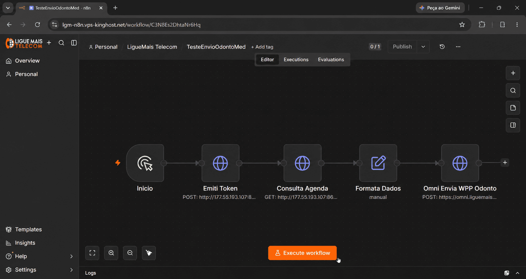 Fluxo de automação do LigueMais Intelligence com integração de agenda, tratamento de dados e envio pelo Omni.